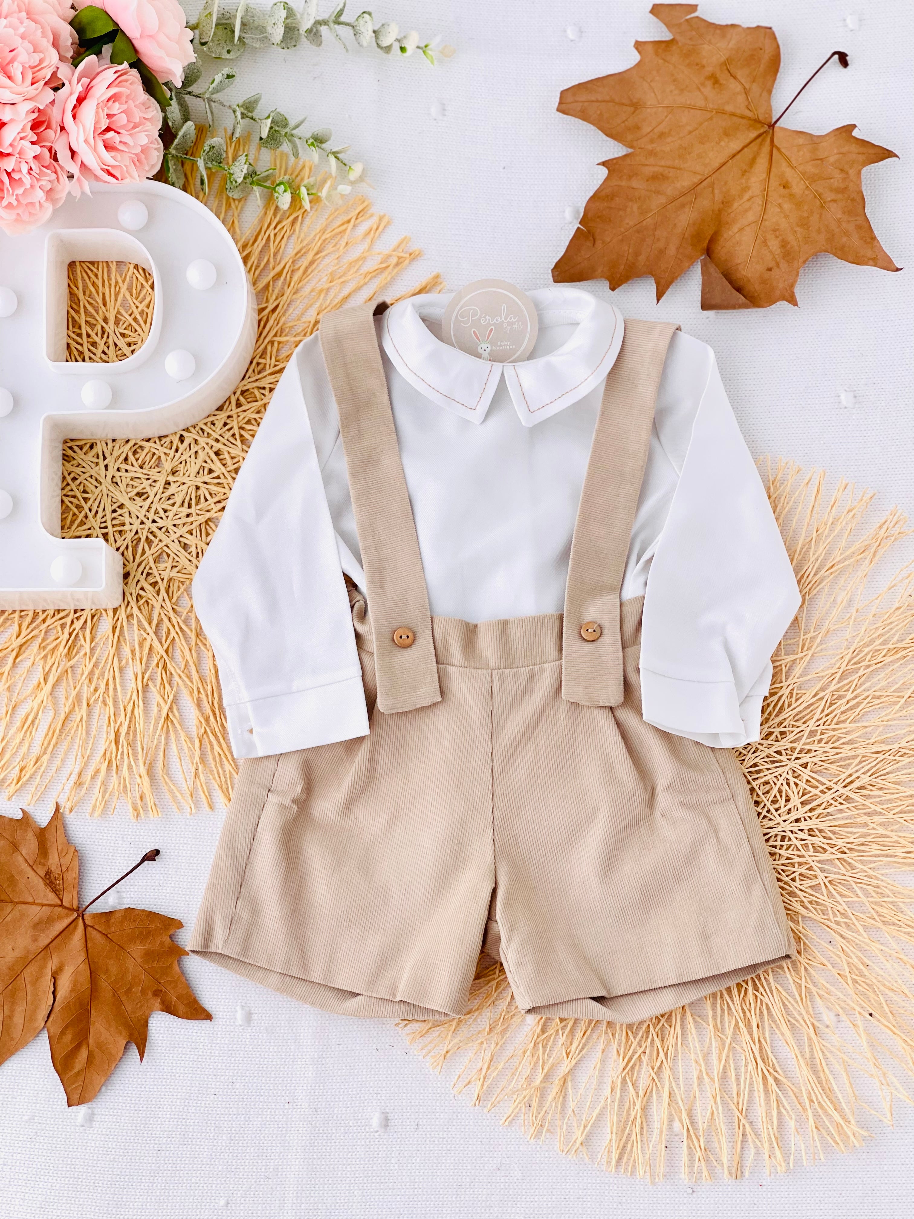 Conjunto menino bege: Calções bombazine e camisa- Outono/Inverno