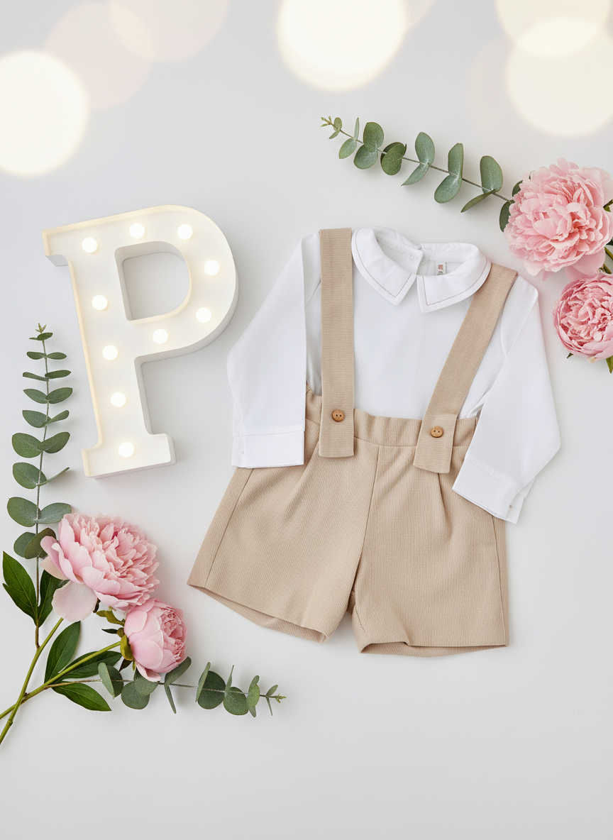 Conjunto menino bege: Calções bombazine e camisa- Outono/Inverno