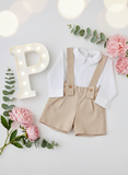 Conjunto menino bege: Calções bombazine e camisa- Outono/Inverno