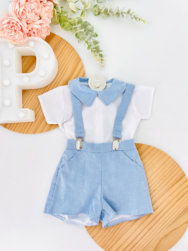 Conjunto cerimónia: calções com suspensórios e camisa de manga curta