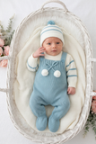 Conjunto risquinhas verde : jardineiras, camisola e gorro