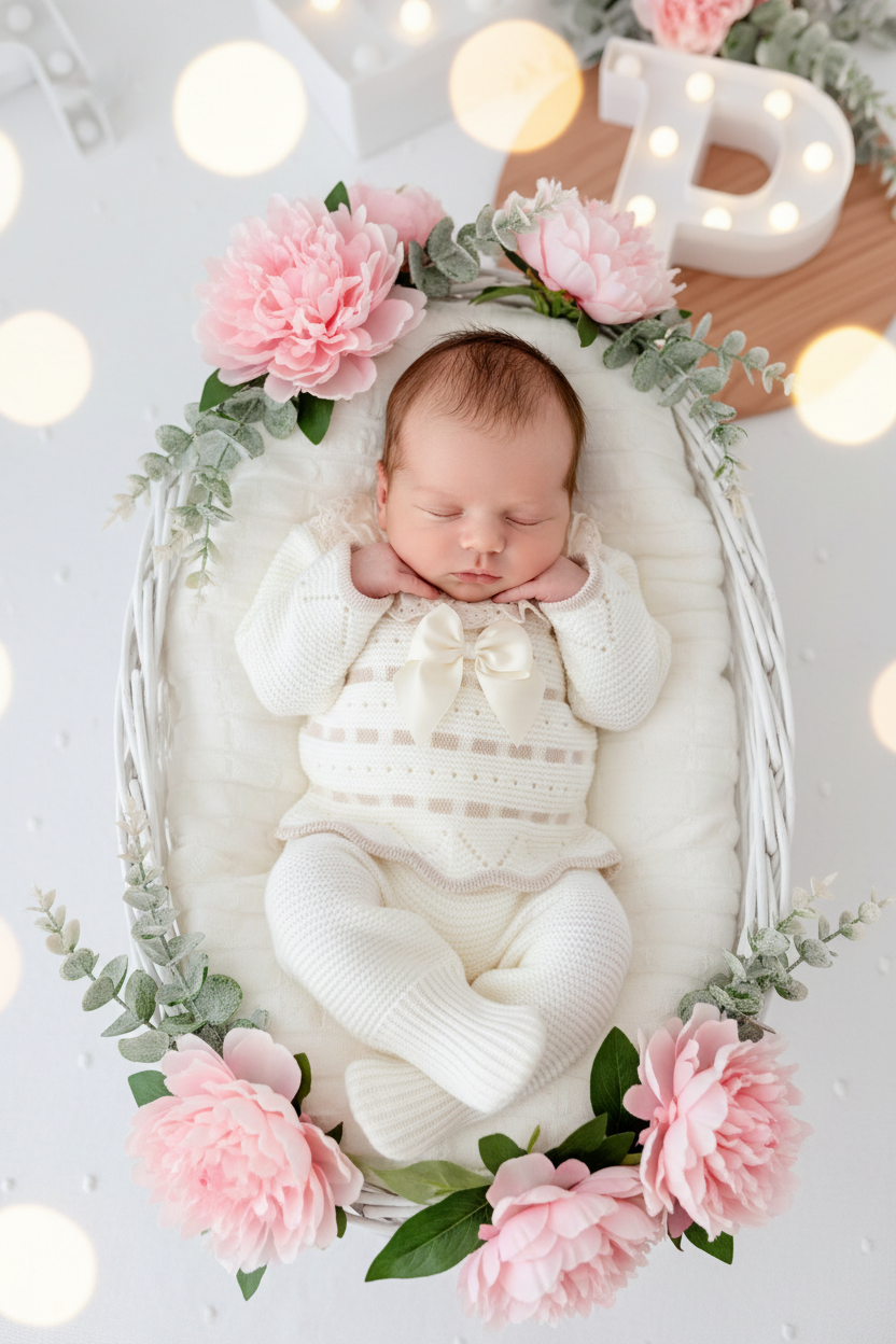 Conjunto princesinha de malha pérola com bordado inglês