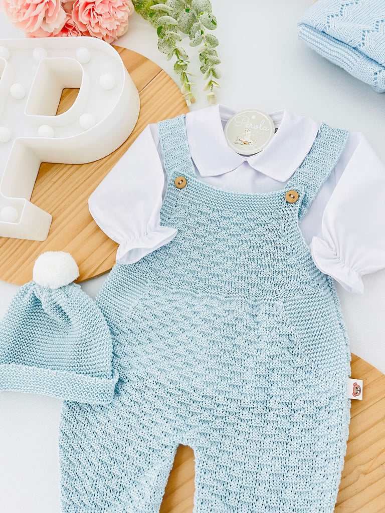 Saída de maternidade AZUL : jardineiras, camisa e gorro 100% algodão Primavera/Verão