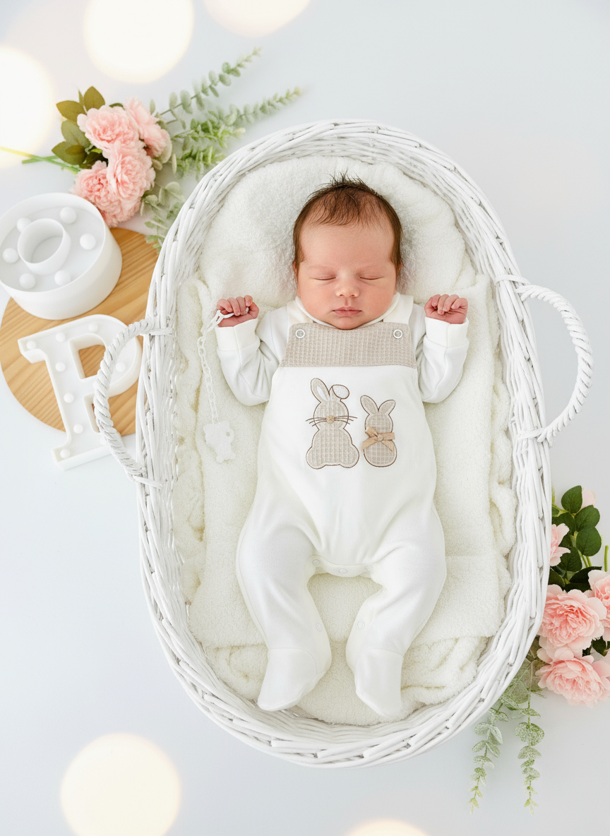 Conjunto coelhinhos: jardineiras, camisola e prende chupetas