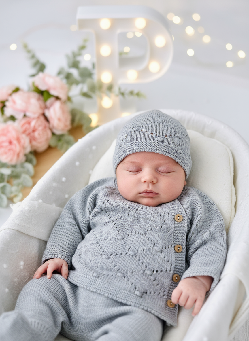 Conjunto malha bolinhas: camisola, calças e gorro- Outono/Inverno. 3/6M