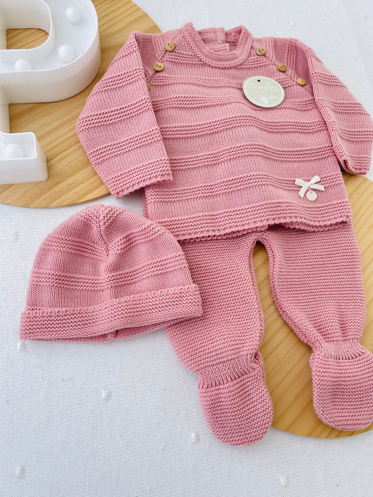 Conjunto malha quentinha riscas: camisola, calças e gorro