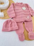 Conjunto malha quentinha riscas: camisola, calças e gorro