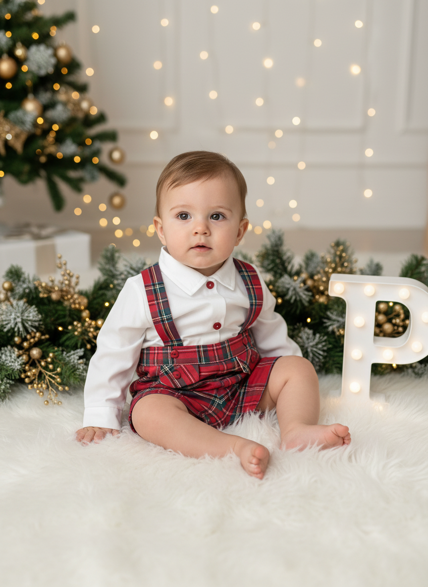 Conjunto Menino Tartan Vermelho e Azul - Calções com Alças e Camisa