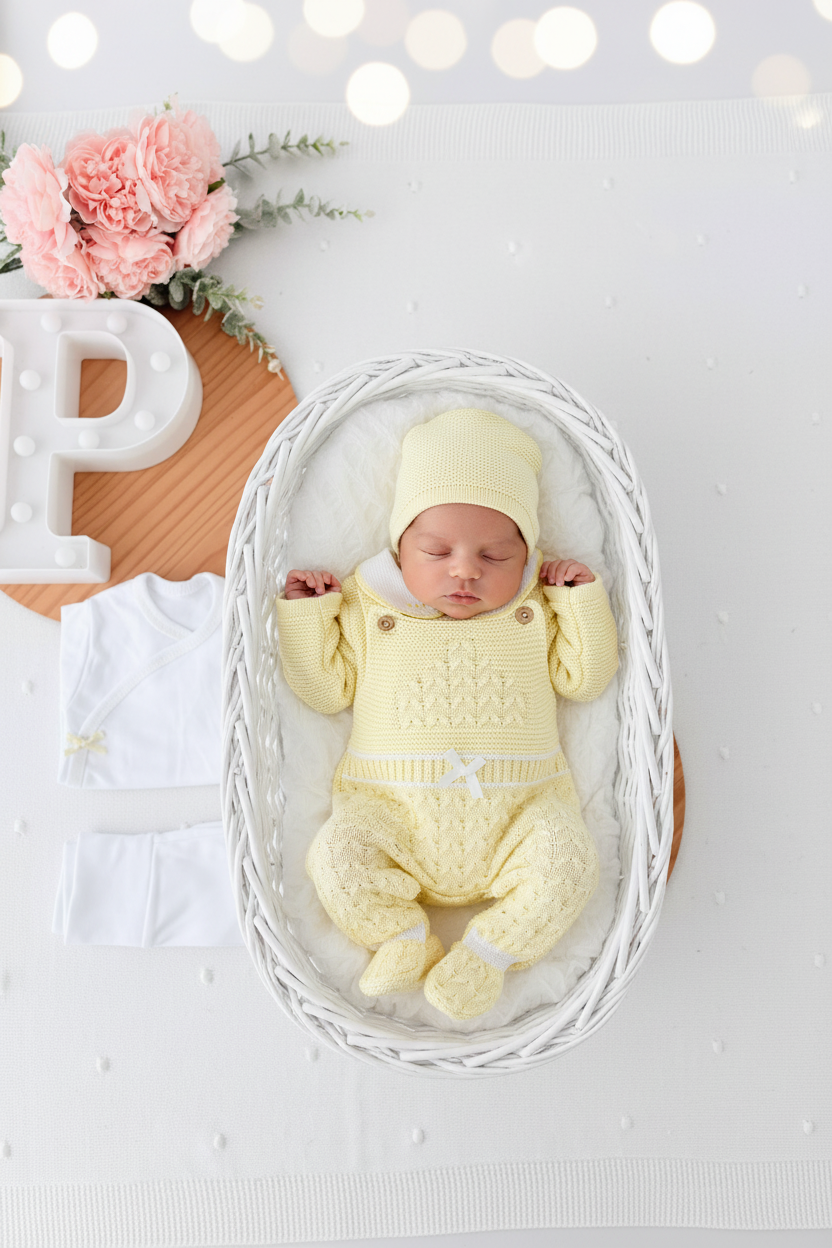 Pack saída de maternidade AMARELO 5 peças: body, calças, jardineiras, camisola e gorro