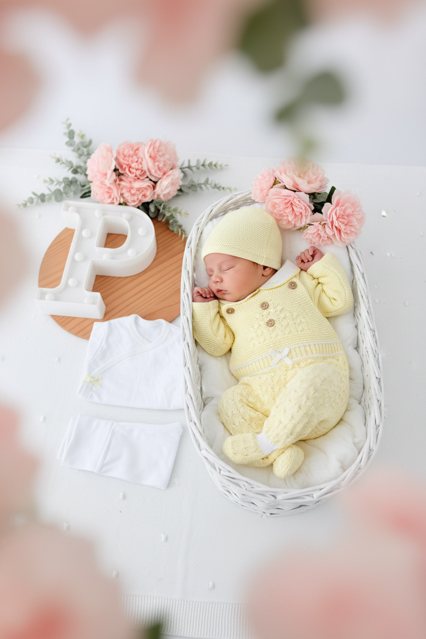 Pack saída de maternidade AMARELO 5 peças: body, calças, jardineiras, camisola e gorro