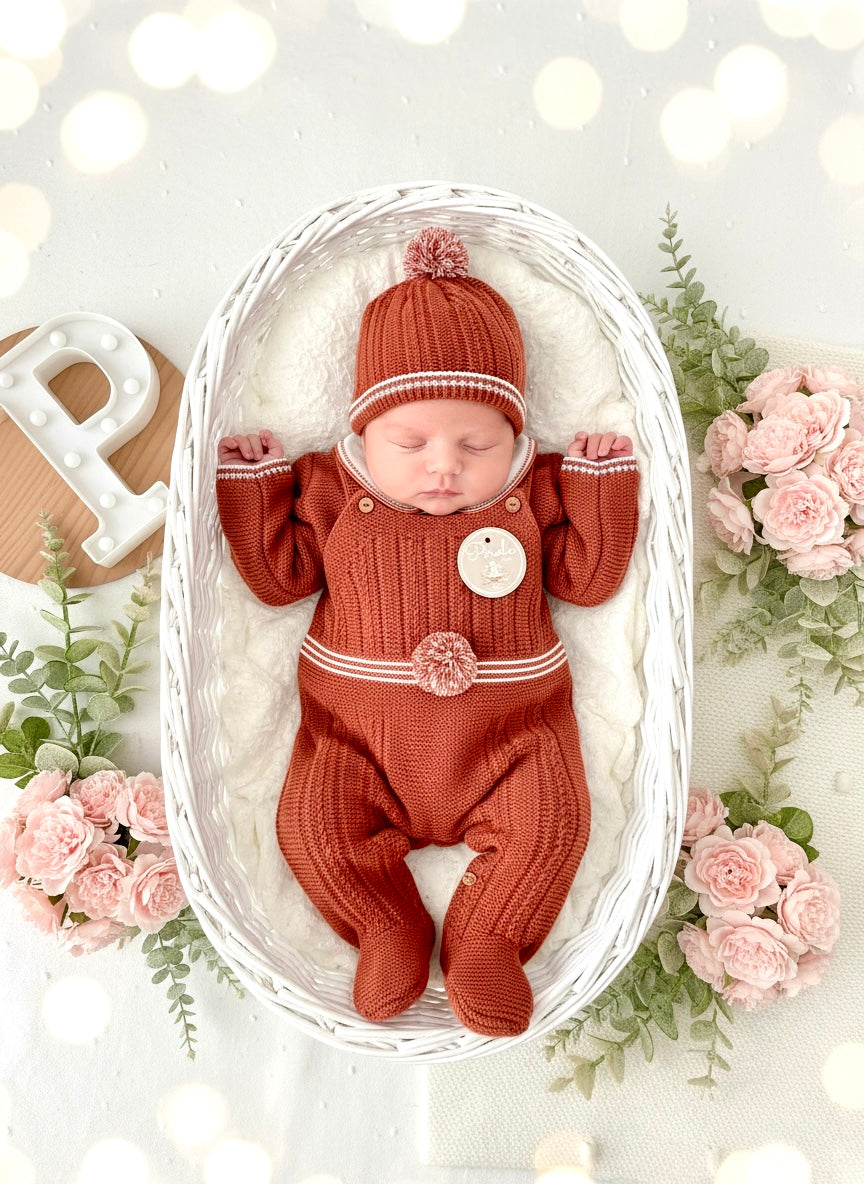 Conjunto Pompom Tijolo: jardineiras, camisola e gorro