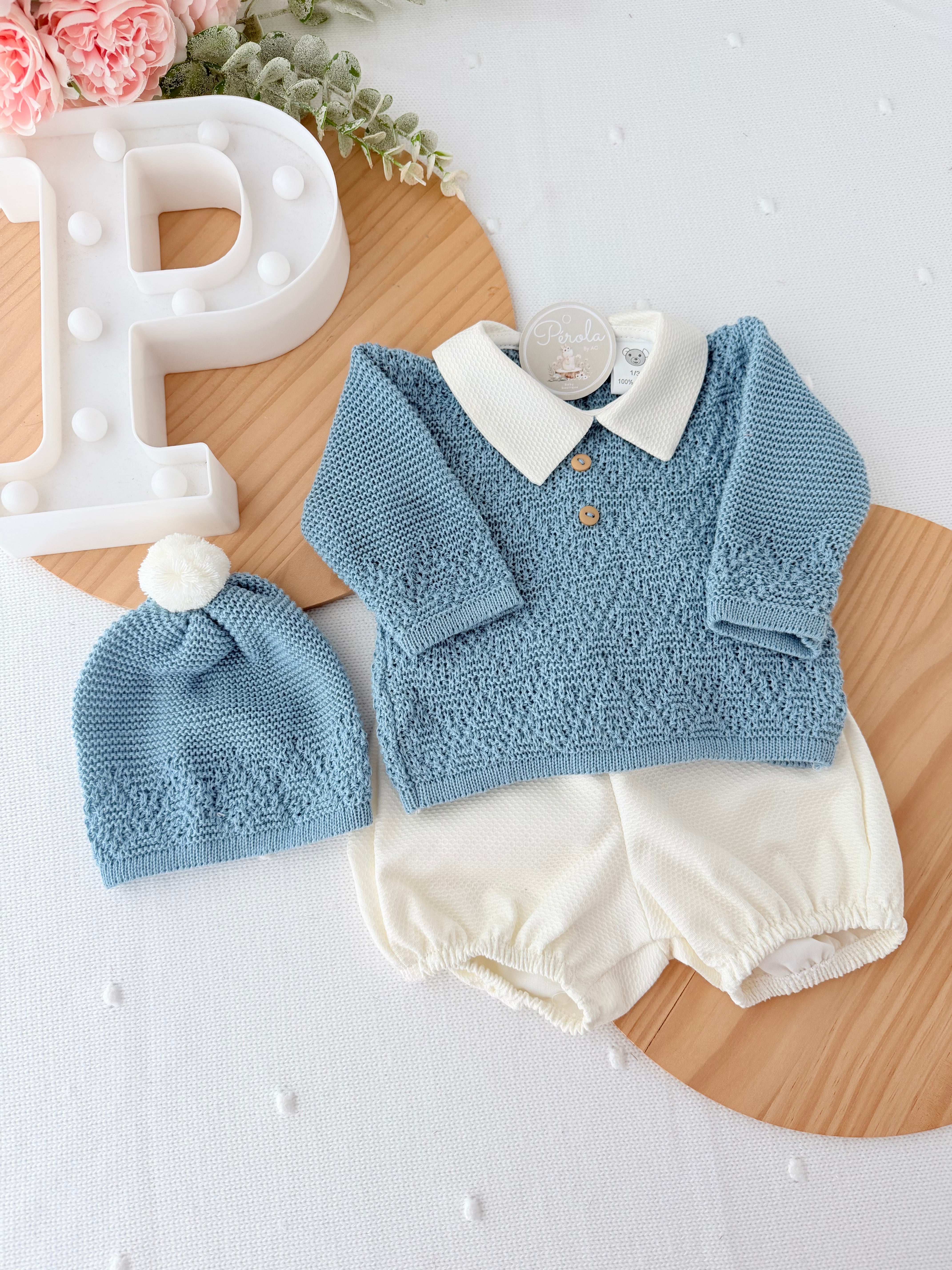Conjunto Azulão: Camisola,gorro e calções - Primavera Verão