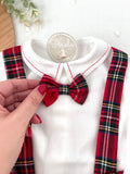 Conjunto xadrez vermelho menino Natal: calções, camisa em flanela e laço xadrez 2.0