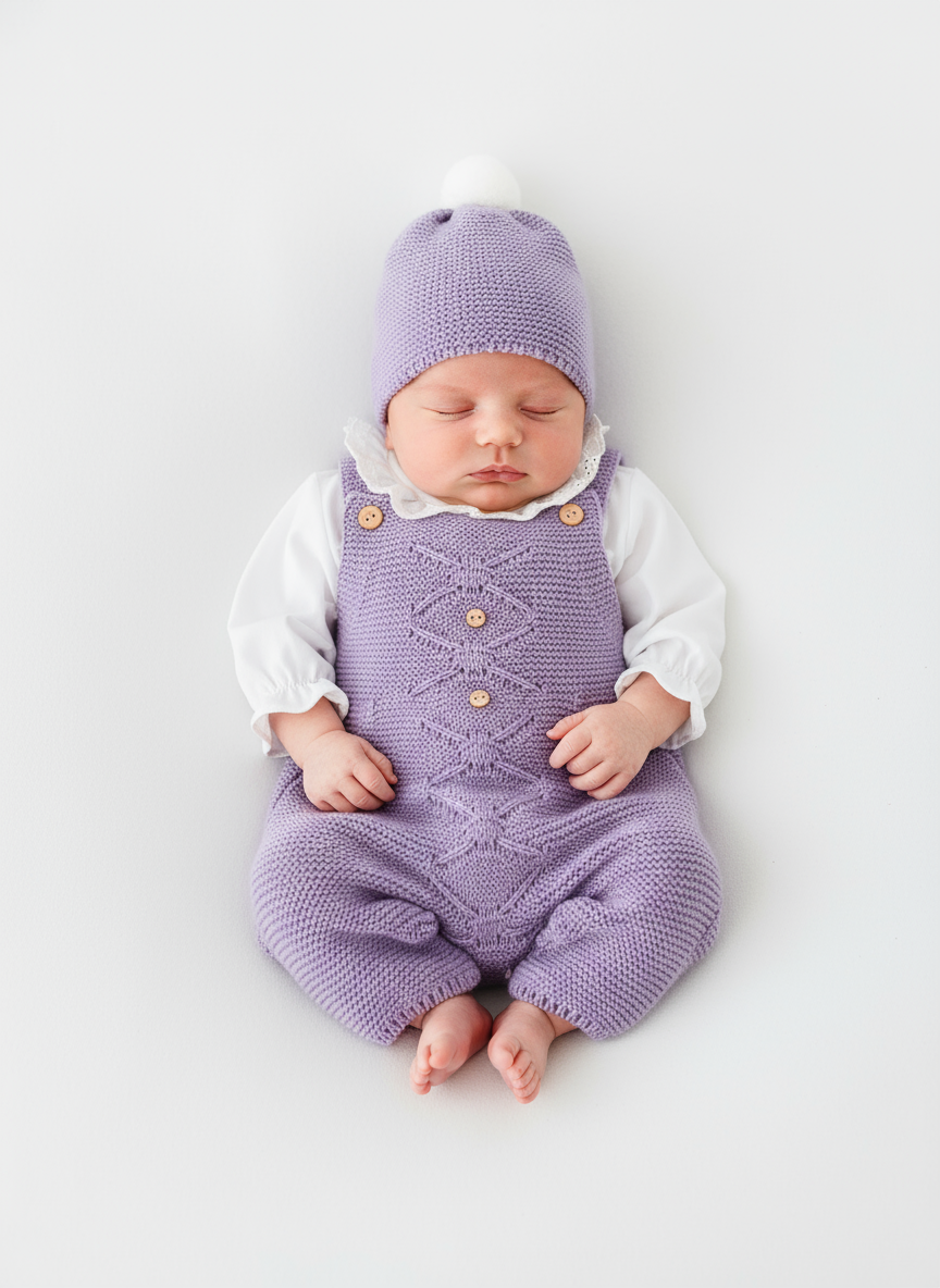 Saída de maternidade lilás: jardineiras, blusa e gorro Outono Inverno