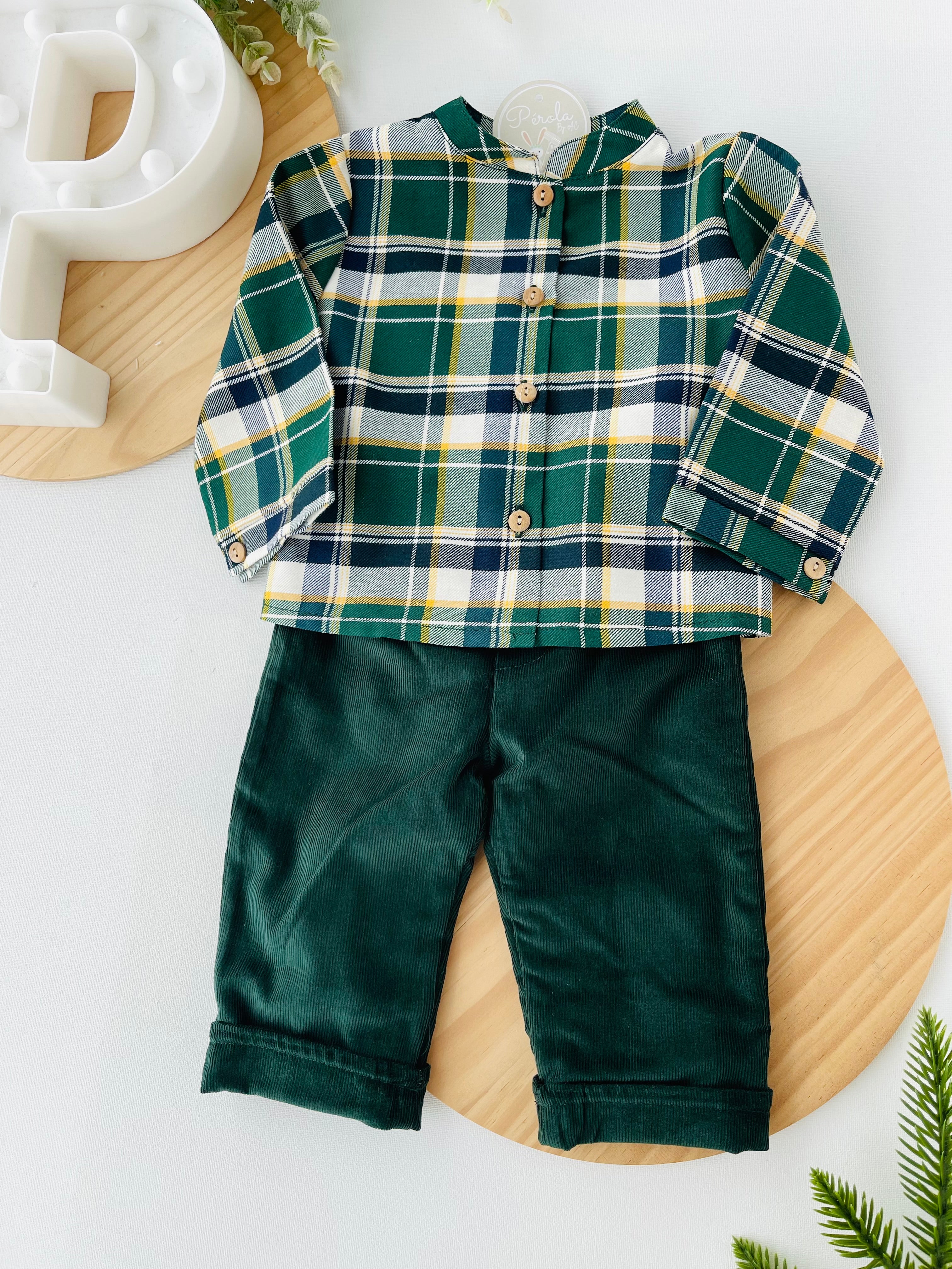 Conjunto xadrez: calças bombazine e camisa