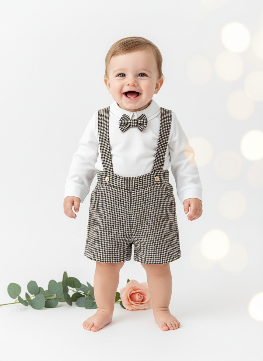 Conjunto xadrez castanho  menino: calções, camisa e laço xadrez