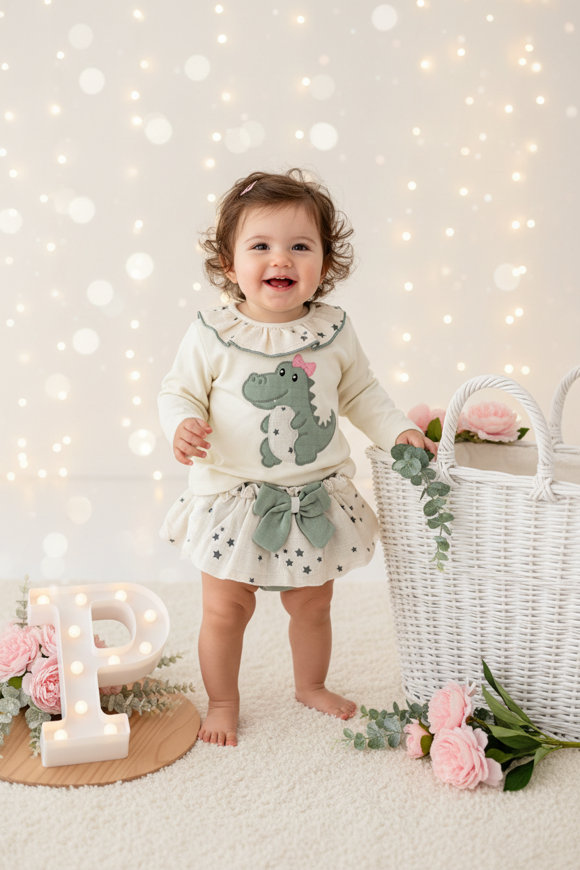 Conjunto dinossauro menina: camisola com capuz e calções