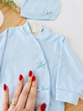 Pack 3 peças AZUL : Babygrow, gorro malha e fralda bordado inglês