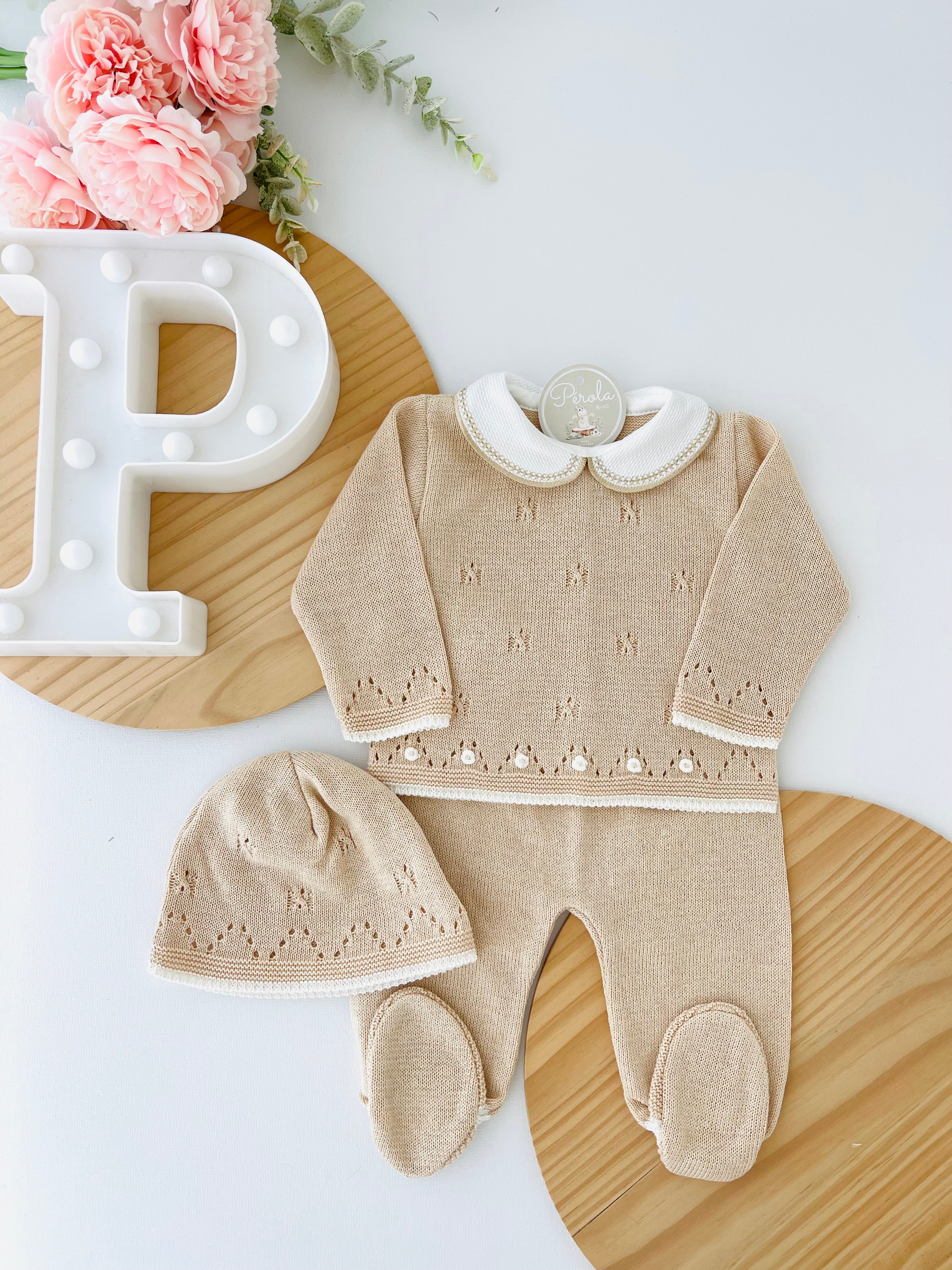 Conjunto malha 100% algodão: camisola, calças e gorro