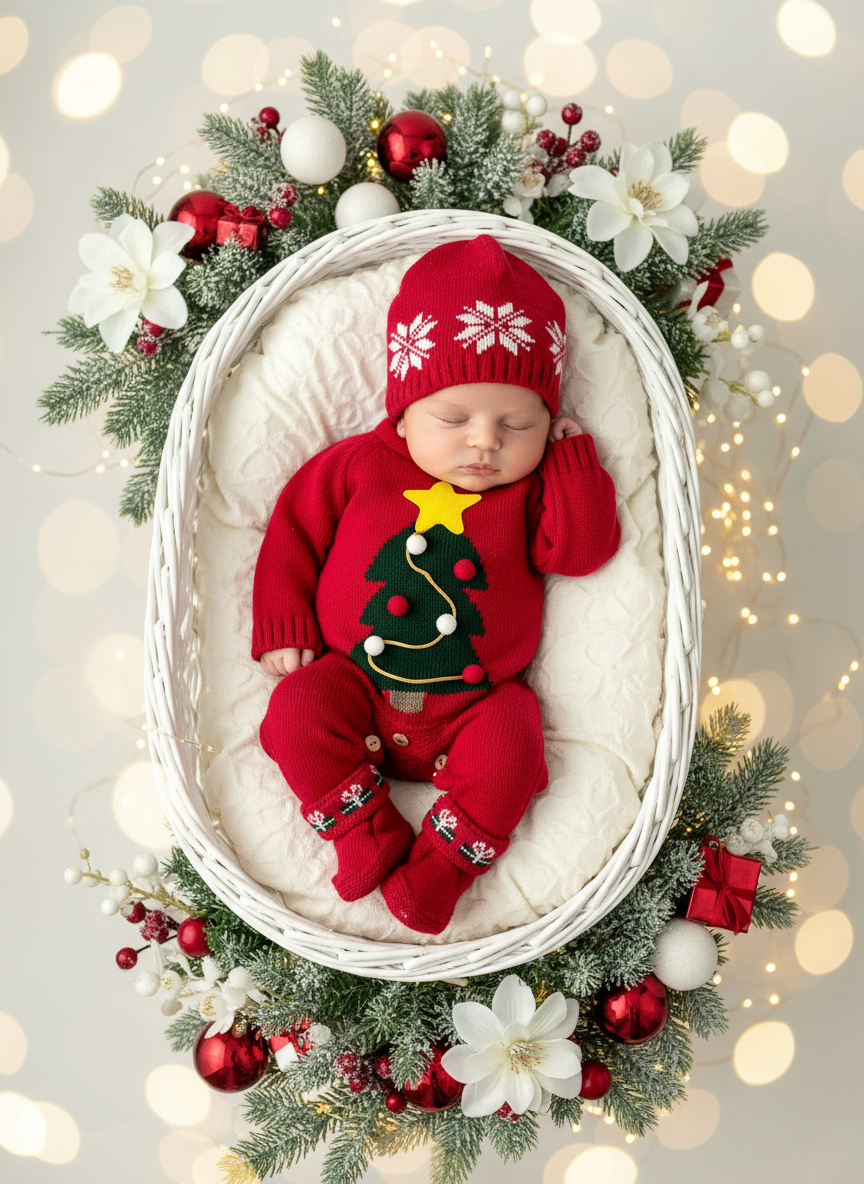 Conjunto Pinheiro de Natal: Macacão, gorro e carapins