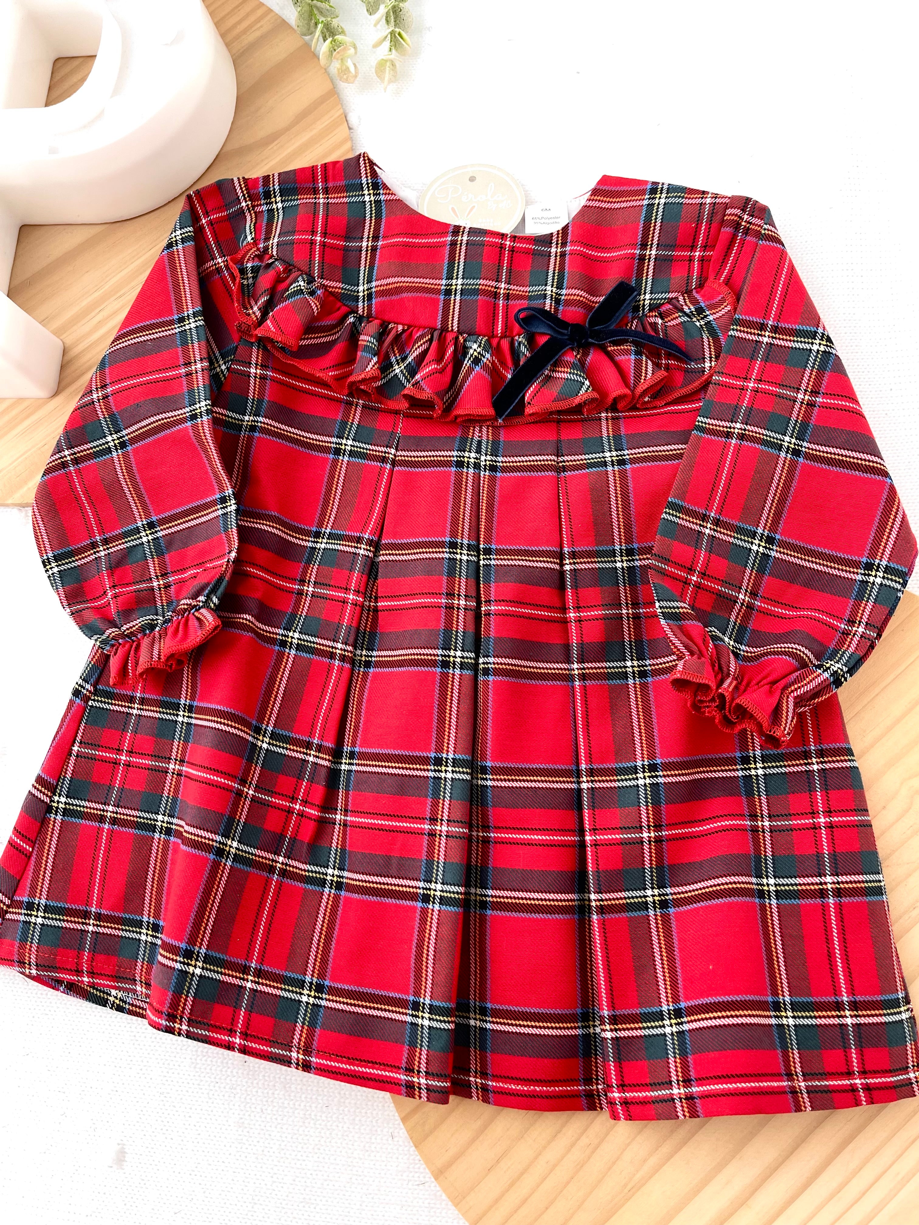 Vestido xadrez vermelho com laço azul veludo