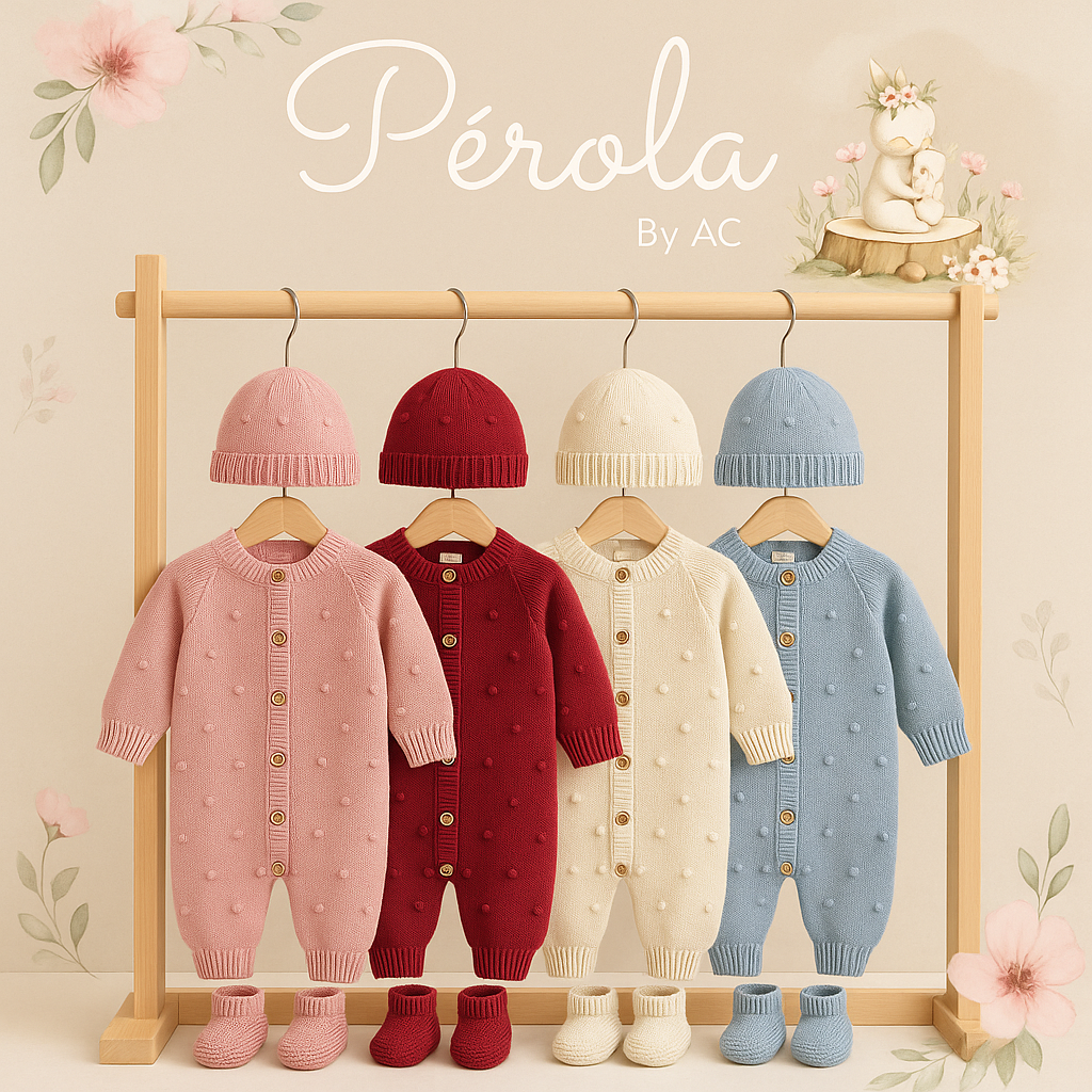 Conjunto bolinhas: macacão, gorro e carapins de malha