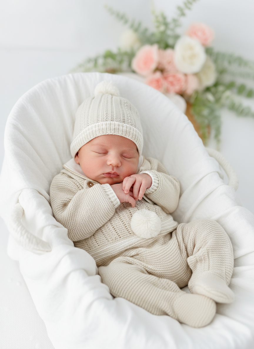 Conjunto Pompom bege: jardineiras, camisola e gorro