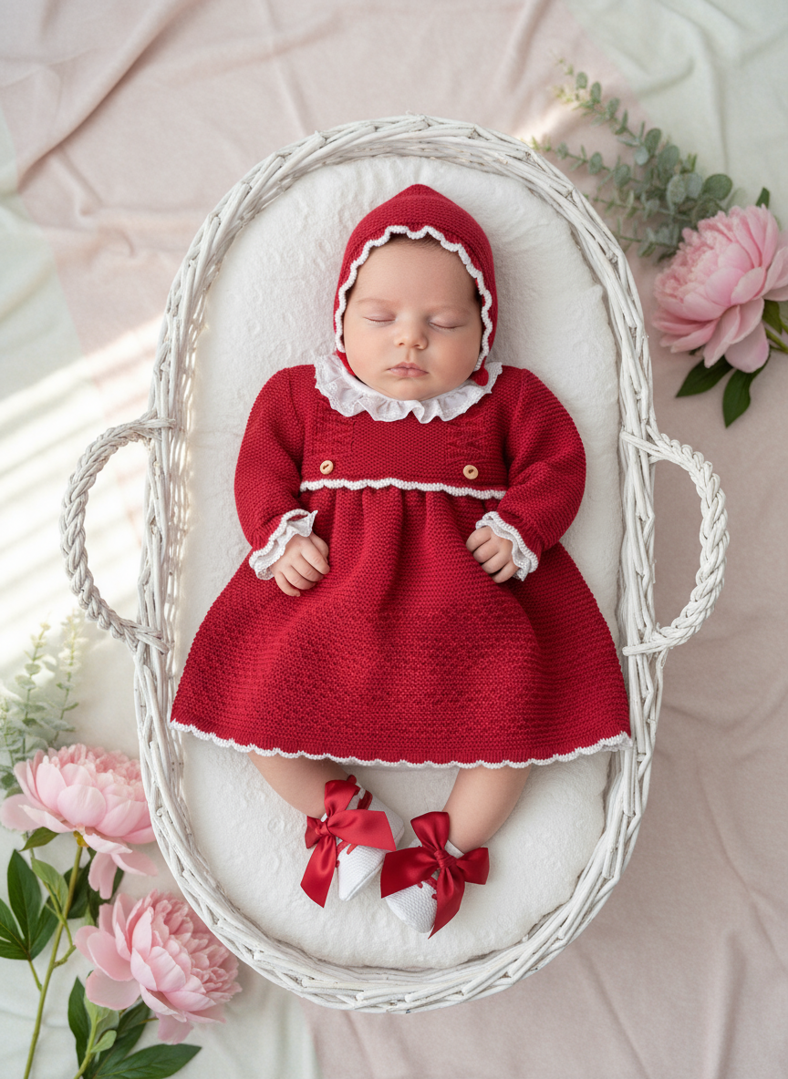 Conjunto em Malha Vermelha com Touca e Sapatinhos