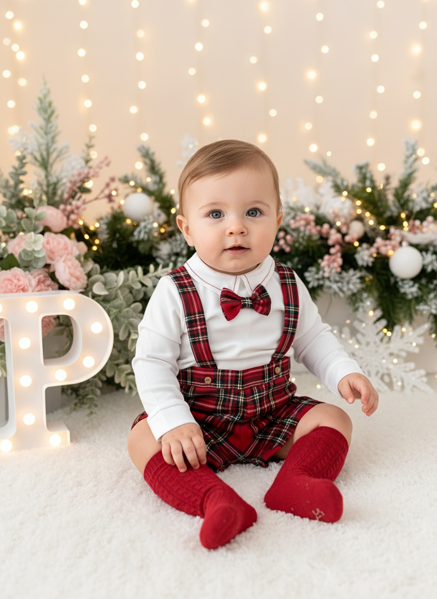 Conjunto xadrez vermelho menino Natal: calções, camisa em flanela e laço xadrez 2.0