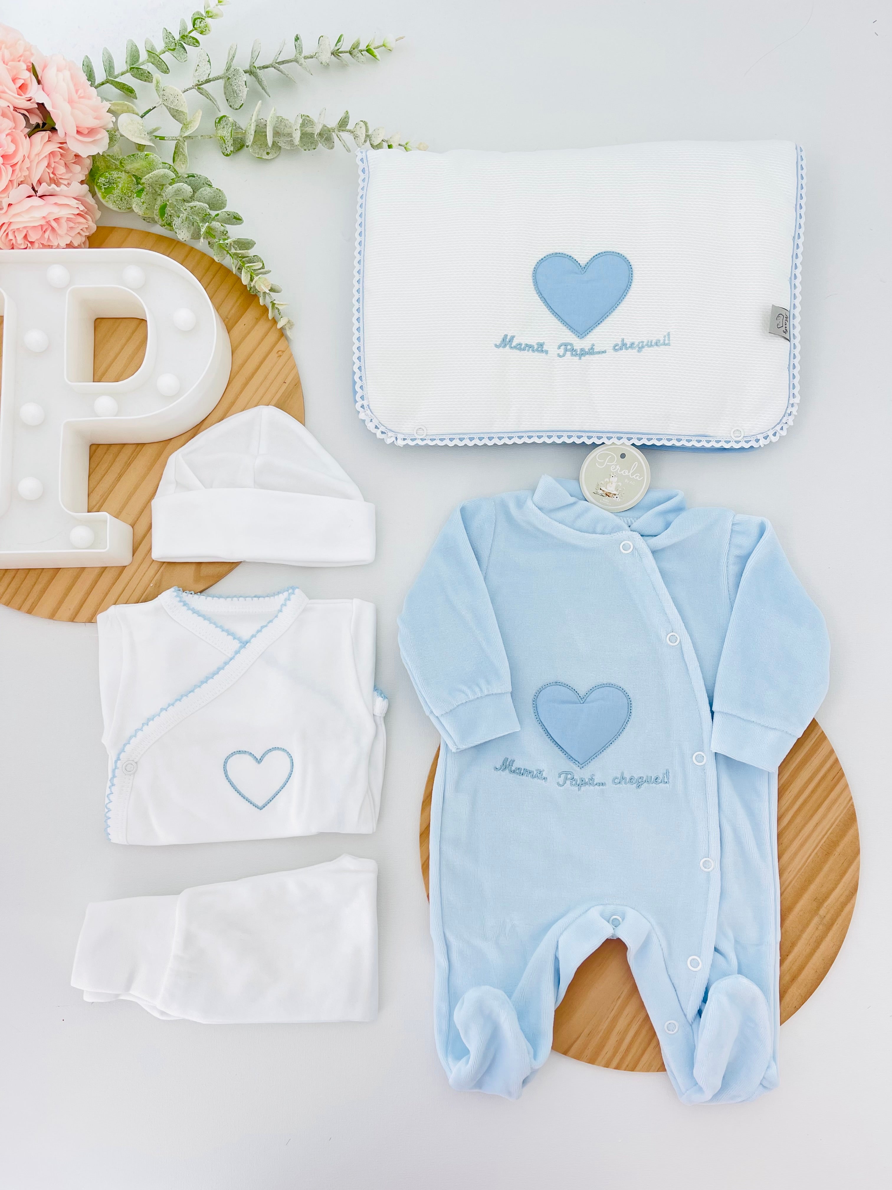 Conjunto primeira roupinha veludo- Mamã Papá cheguei