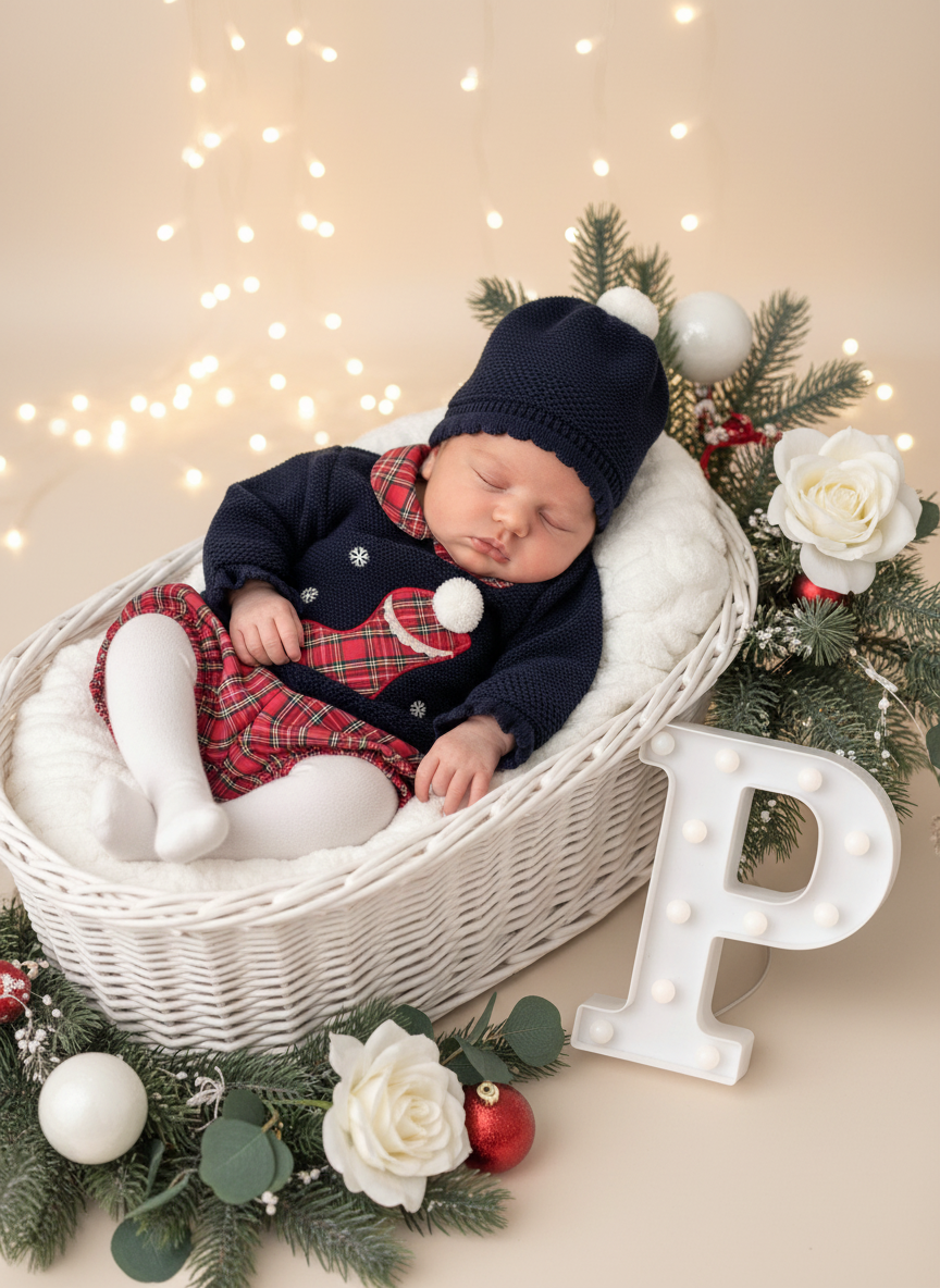 Conjunto Natal: camisola, calções e gorro pompom