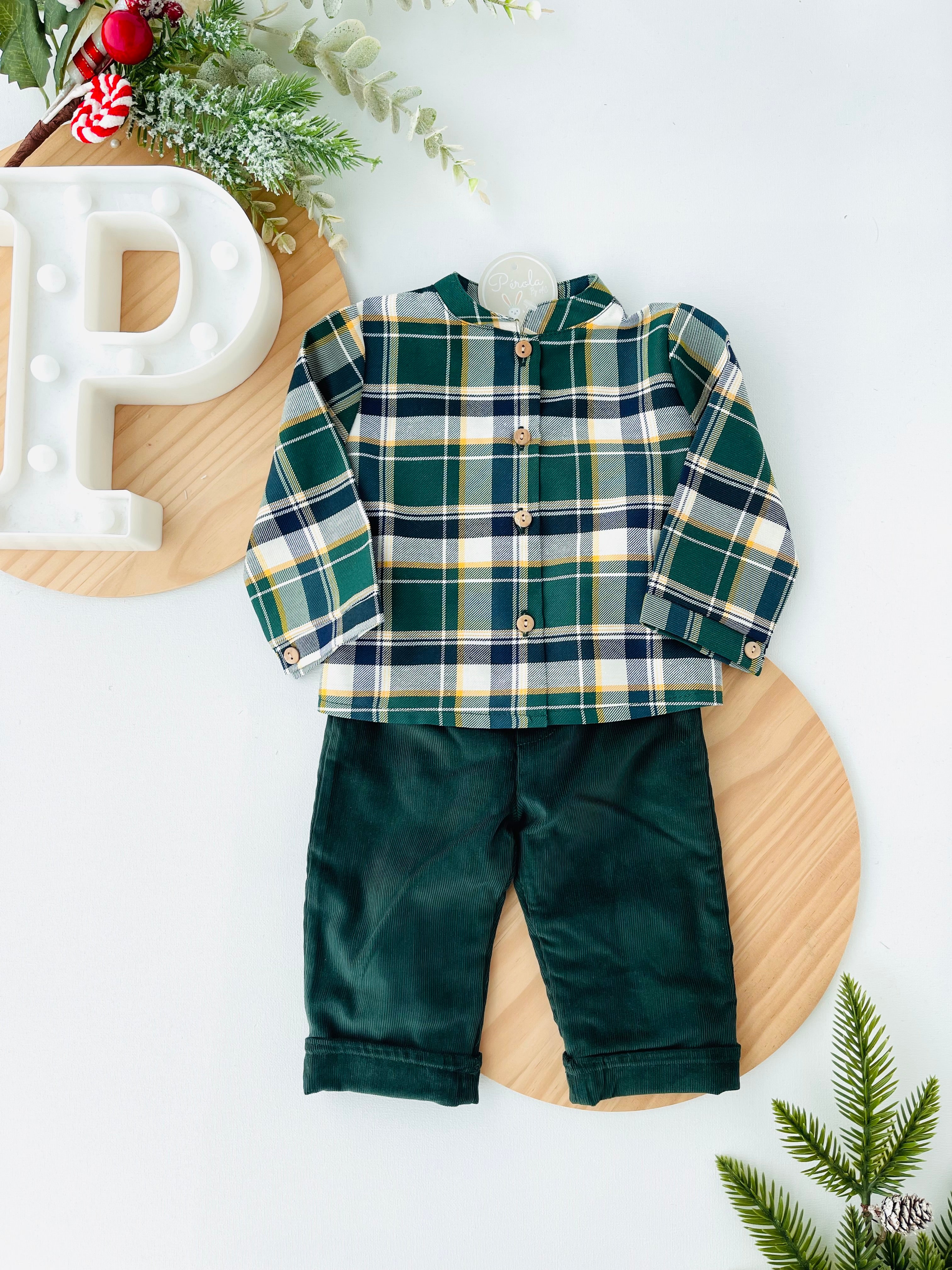 Conjunto xadrez: calças bombazine e camisa