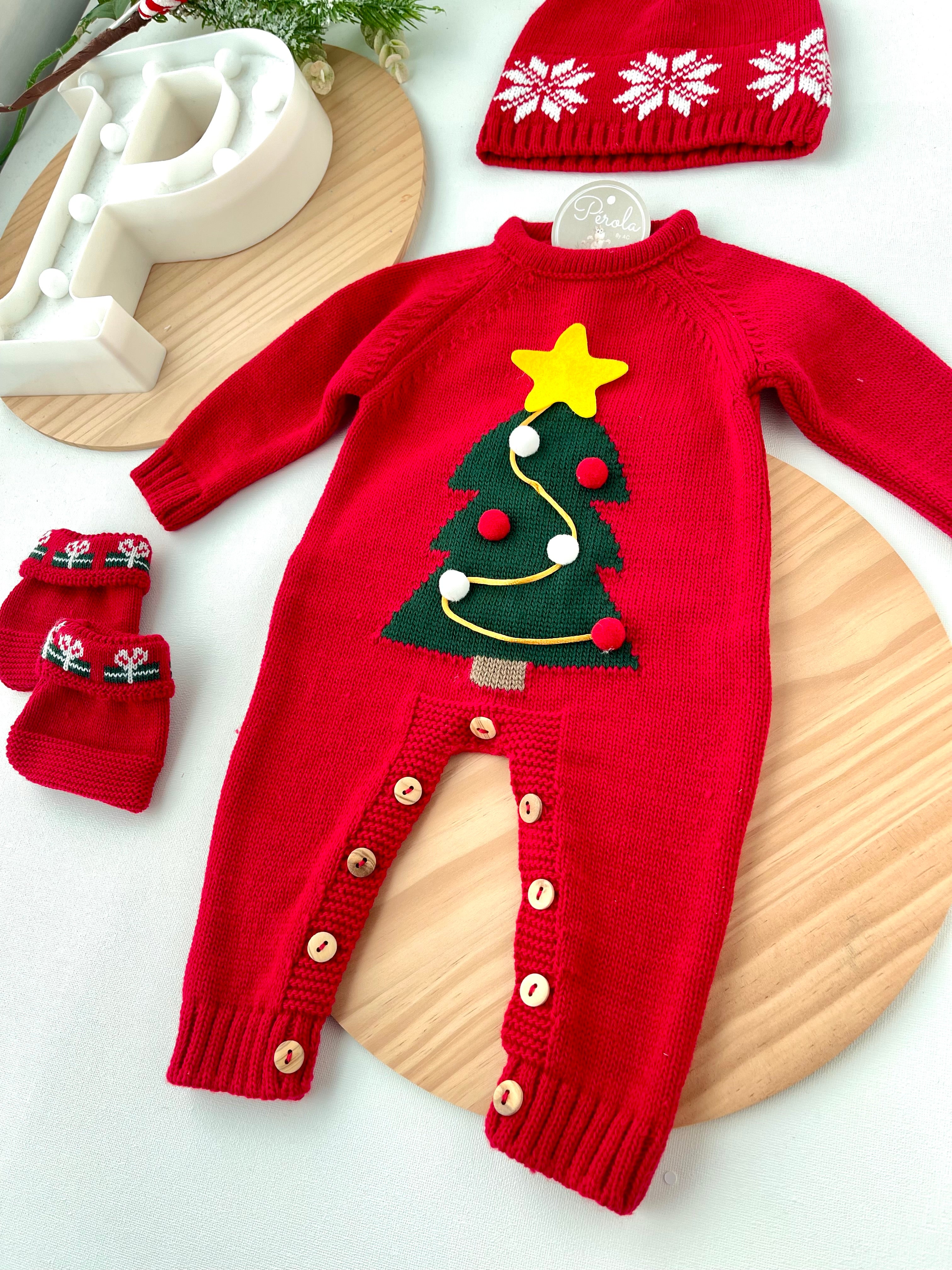 Conjunto Pinheiro de Natal: Macacão, gorro e carapins