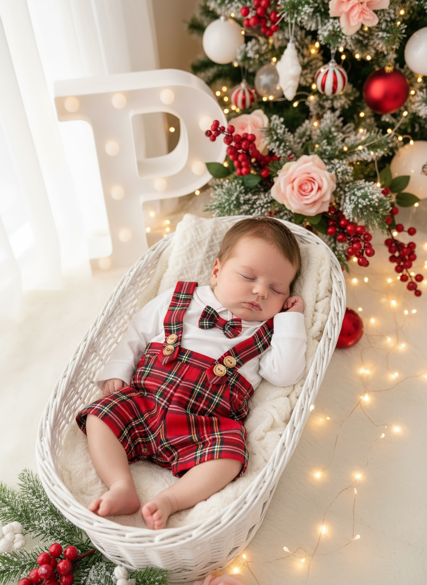 Conjunto xadrez vermelho menino Natal: calções, camisa em flanela e laço xadrez