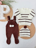Conjunto risquinhas castanho: jardineiras, camisola e gorro