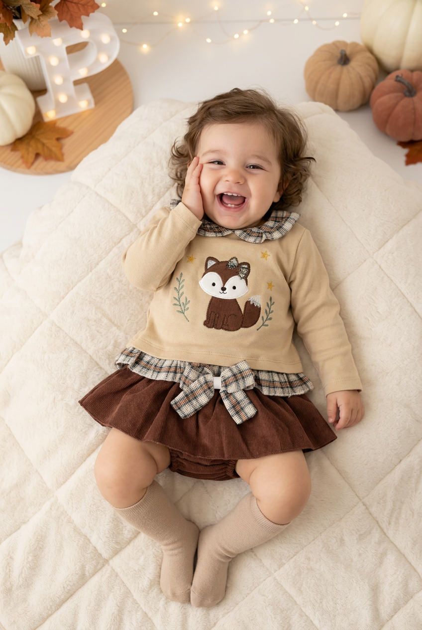Conjunto raposa: camisola e saia/tapa fraldas