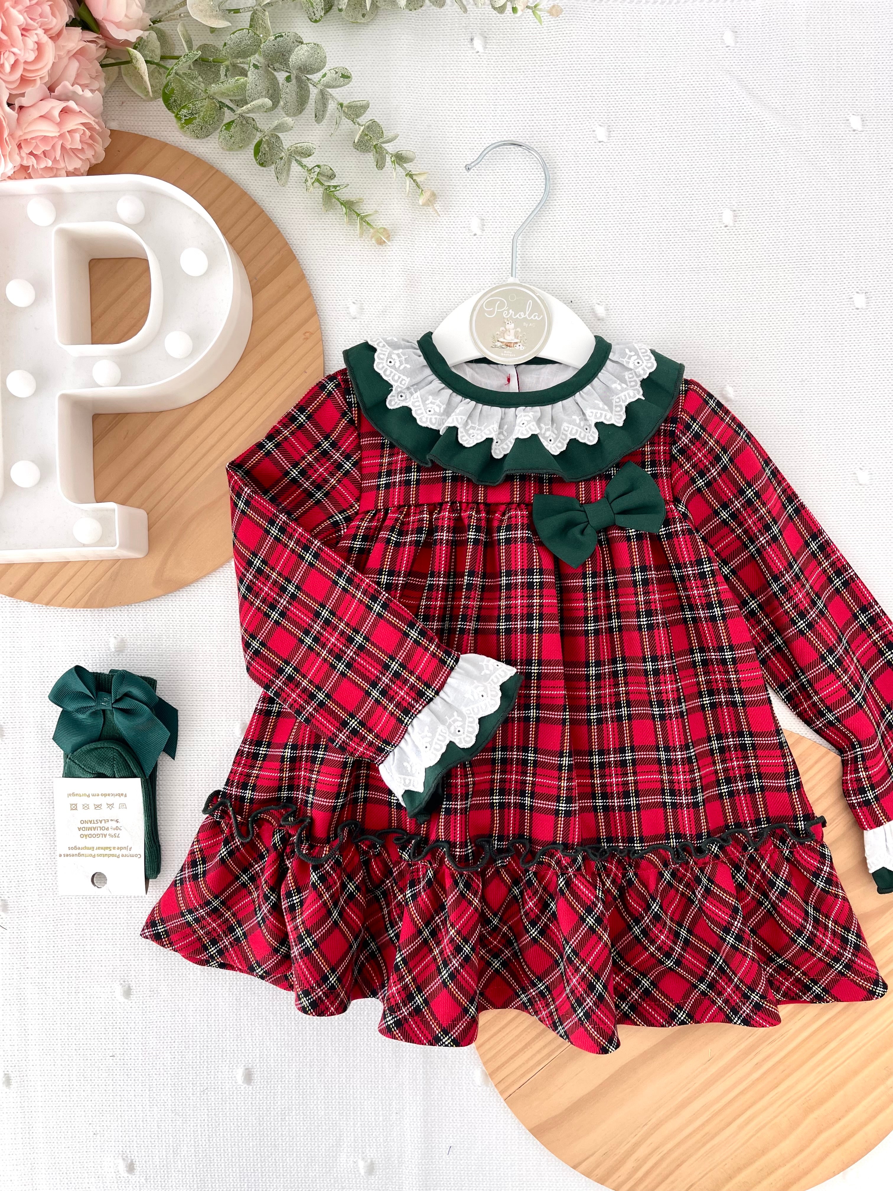 Vestido tartan com detalhes em verde