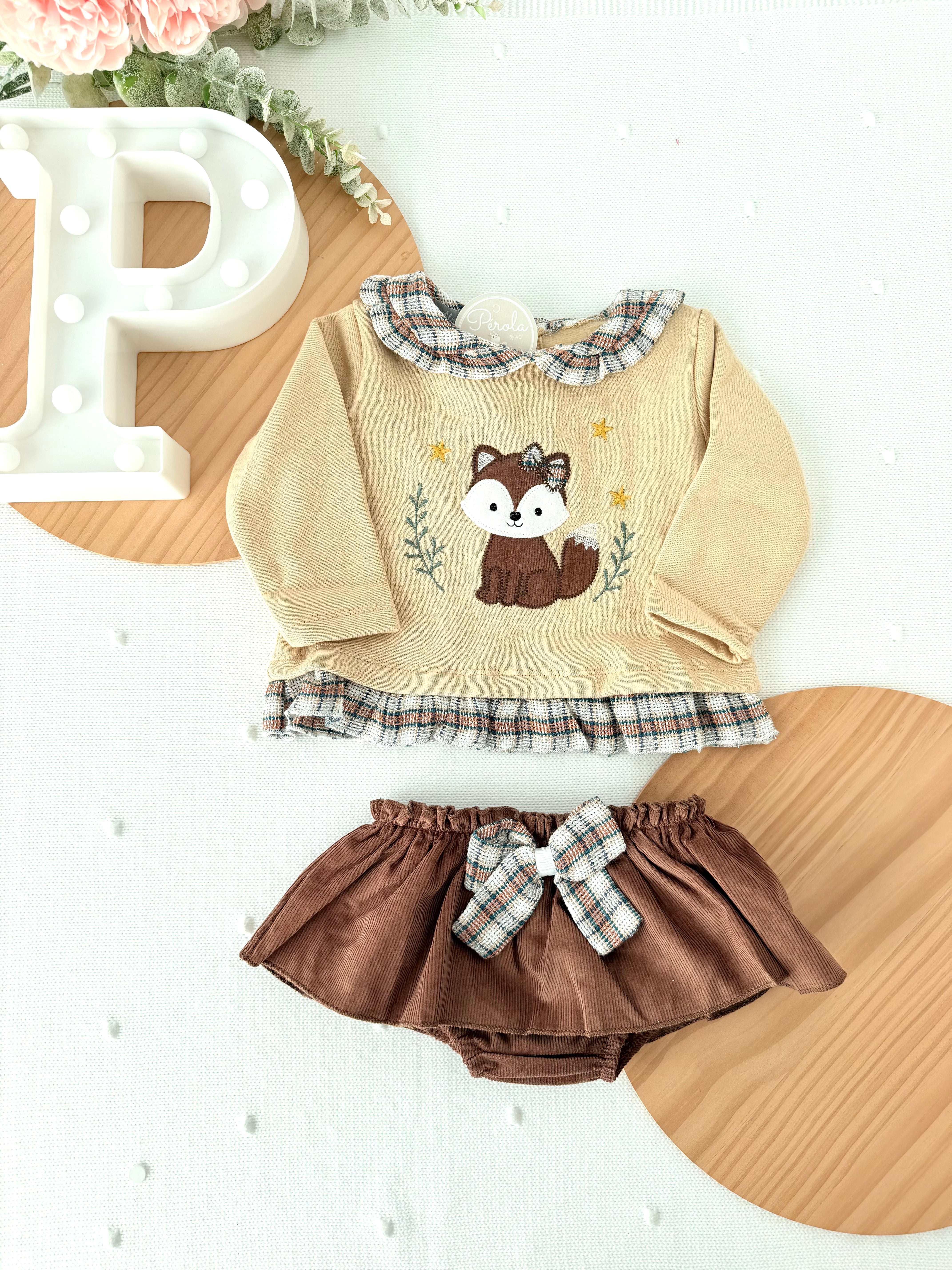 Conjunto raposa: camisola e saia/tapa fraldas