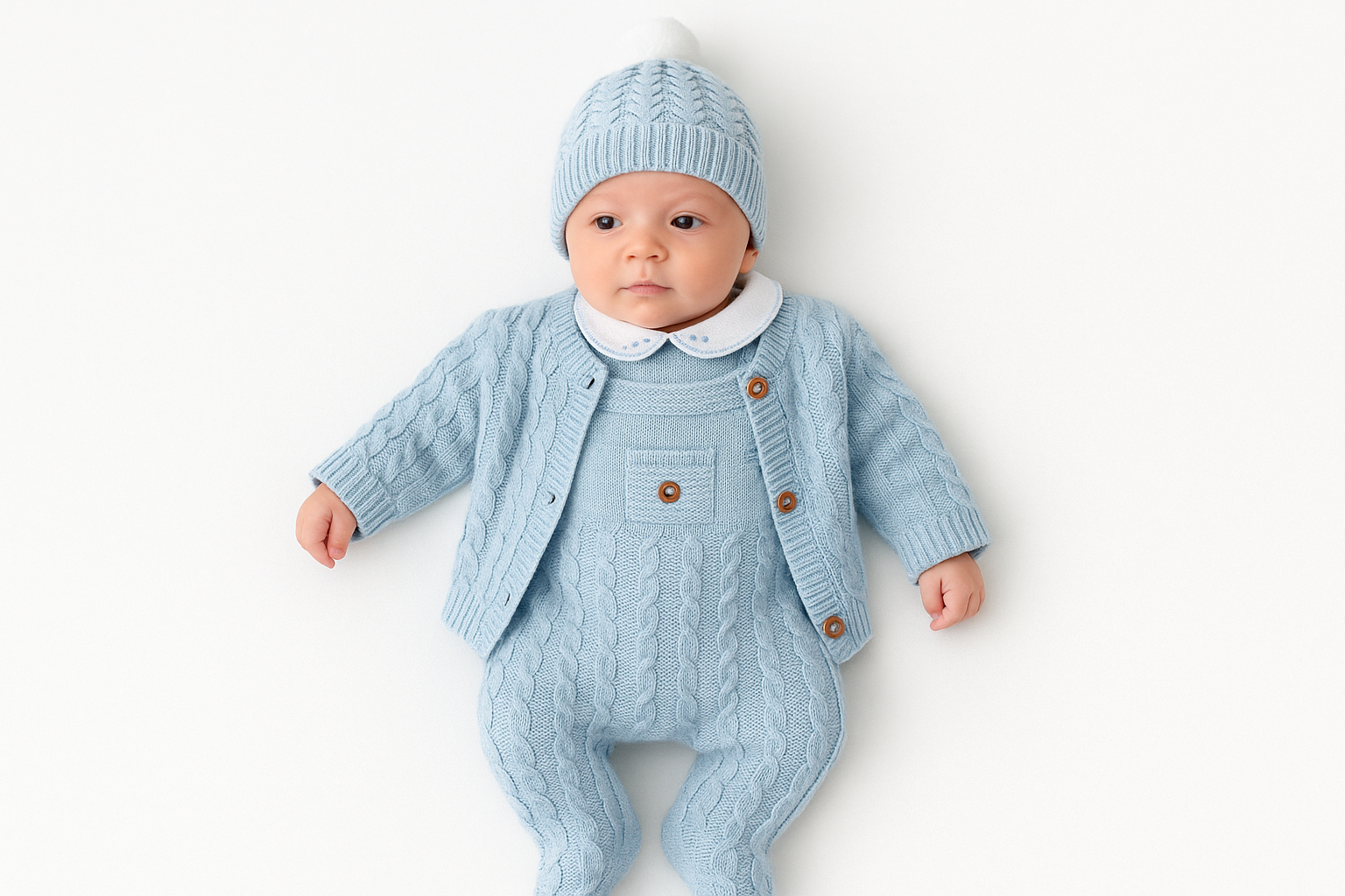 Saída de maternidade Aconchego 4 peças: casaco, jardineiras, camisola e gorro