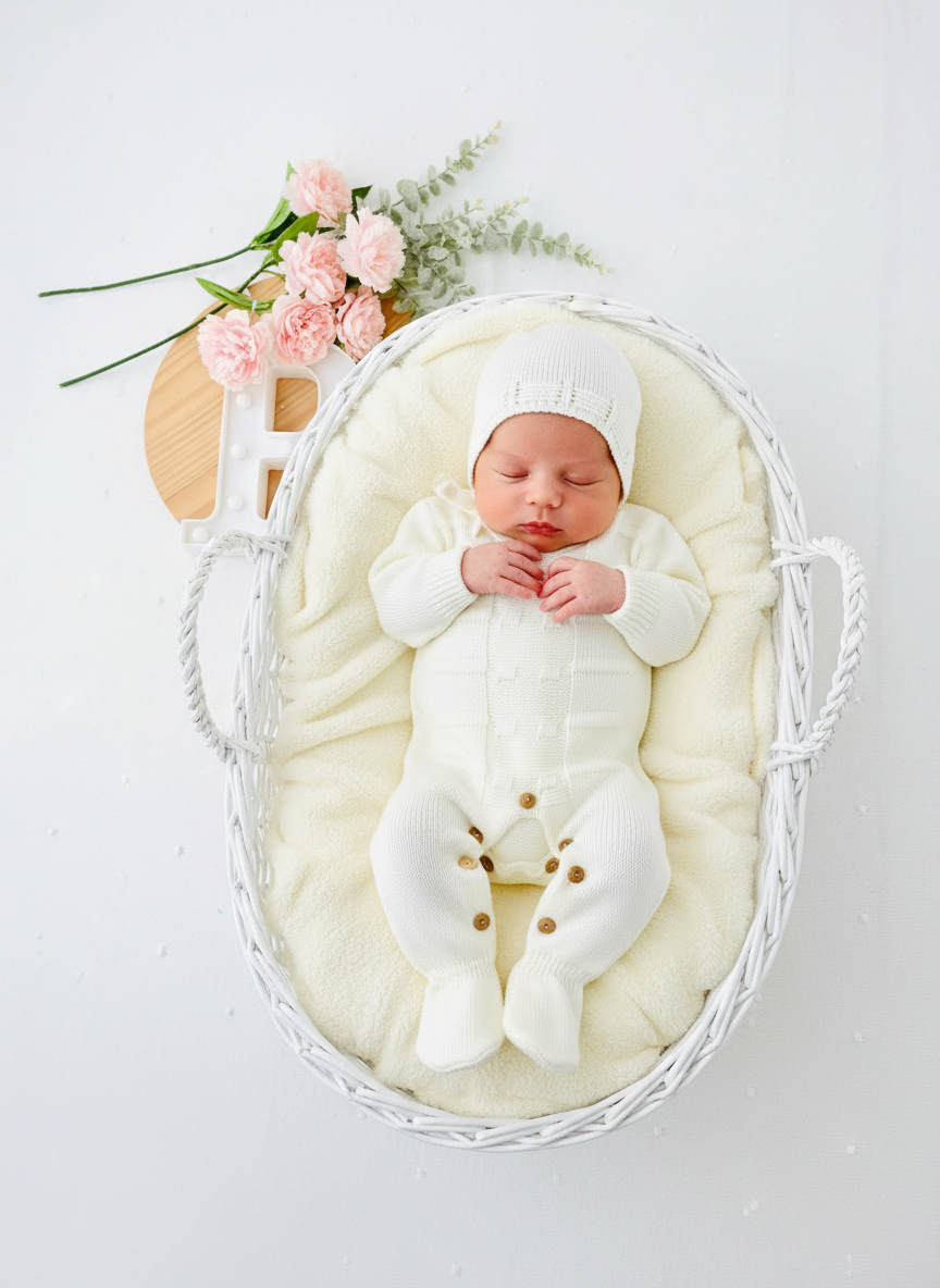 Saída de maternidade quadradinhos: Babygrow e touca Outono/Inverno