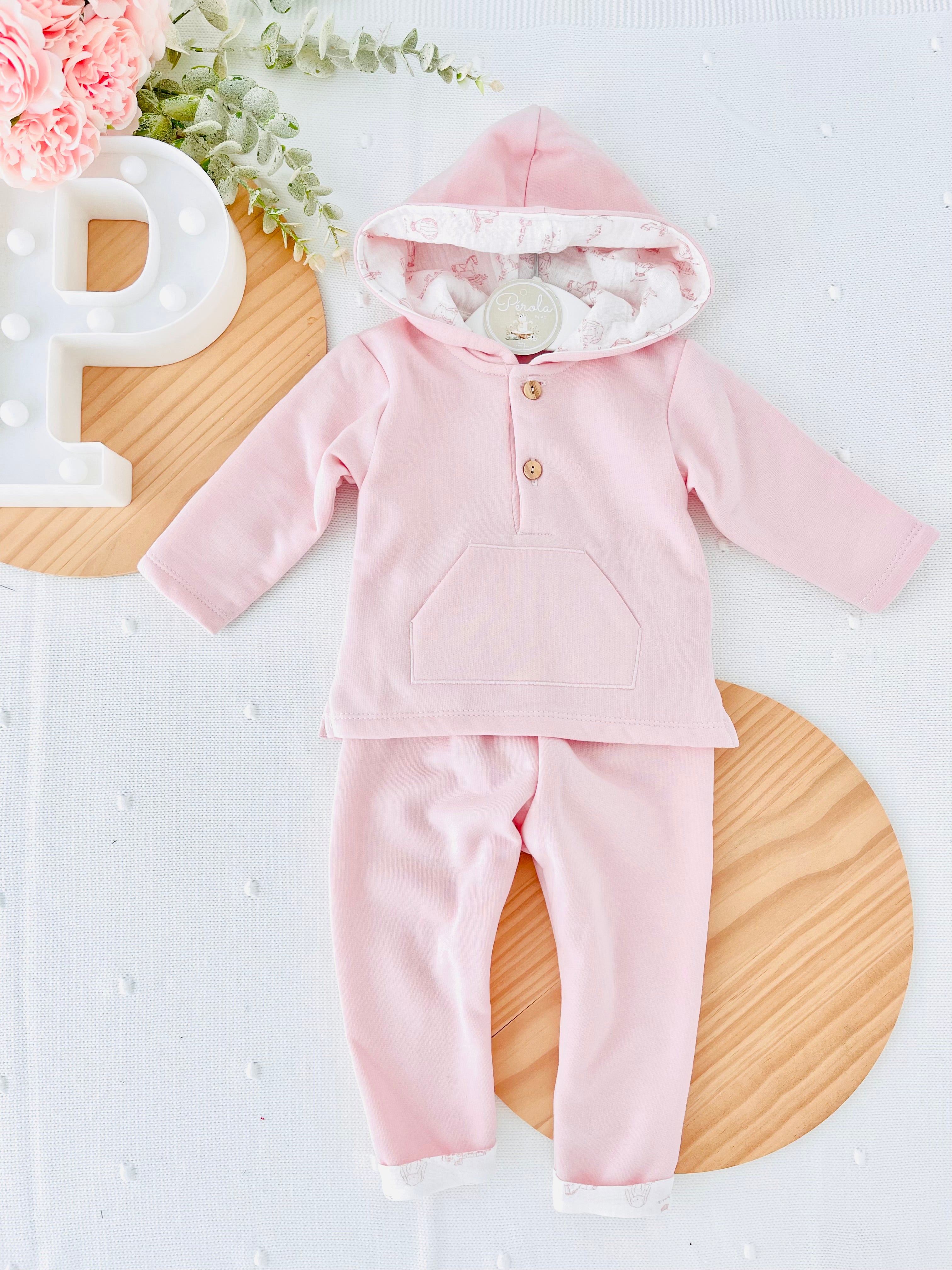 Fato de Treino Rosa com Capuz - Conjunto Cardado Quentinho (3-36m)