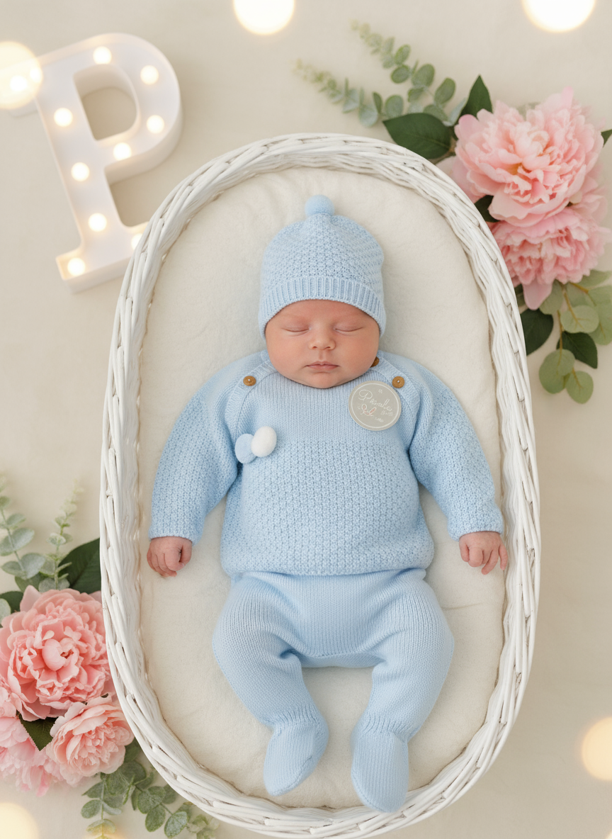 Conjunto menino malha azul: camisola, calças e gorro Outono/Inverno