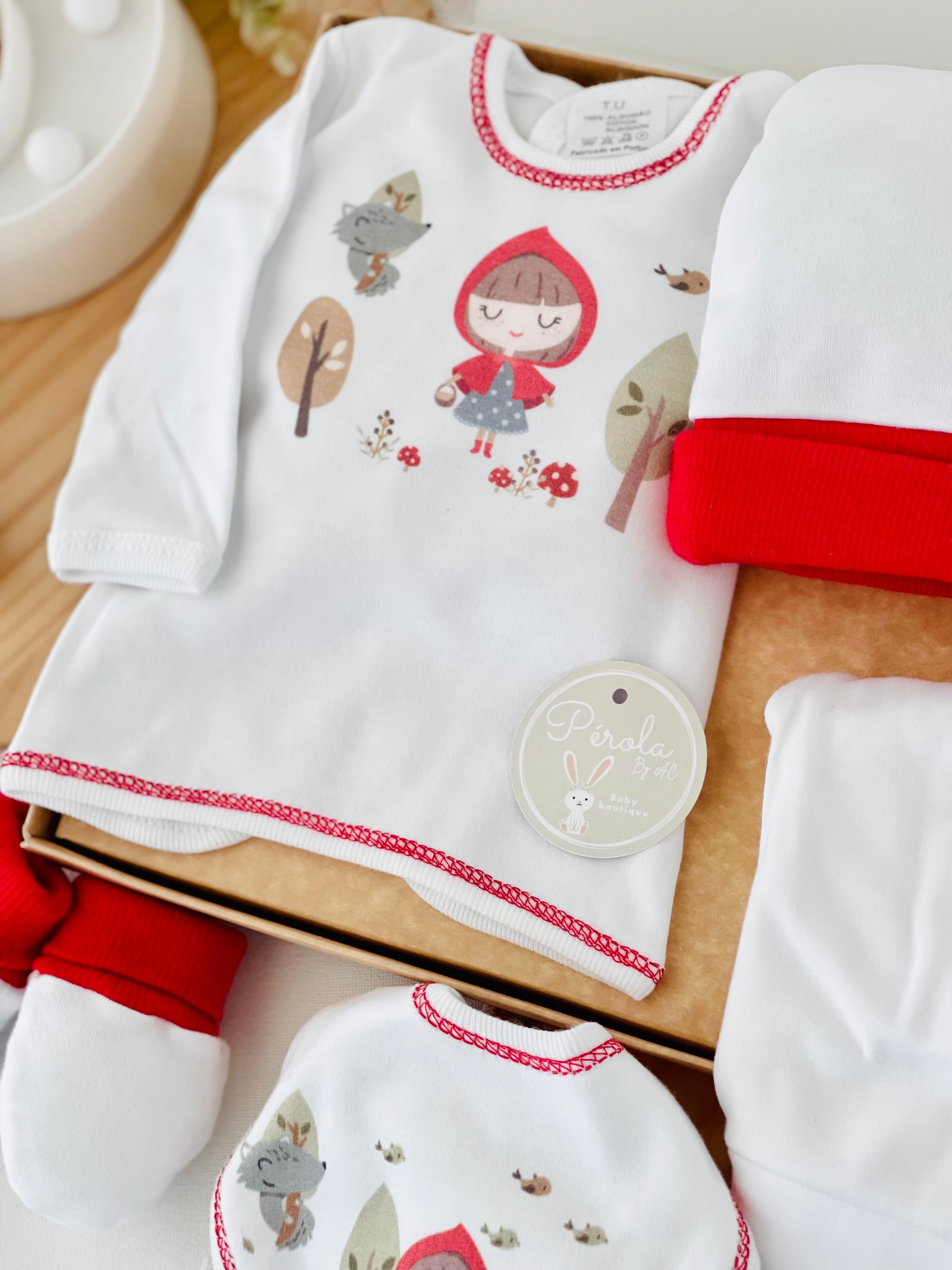 Pack 3 capuchinho vermelho: camisola, calças, gorro, luvas e babete