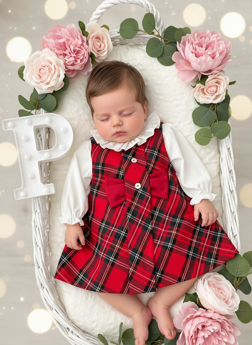 Conjunto laço vermelho: vestido xadrez  e camisa