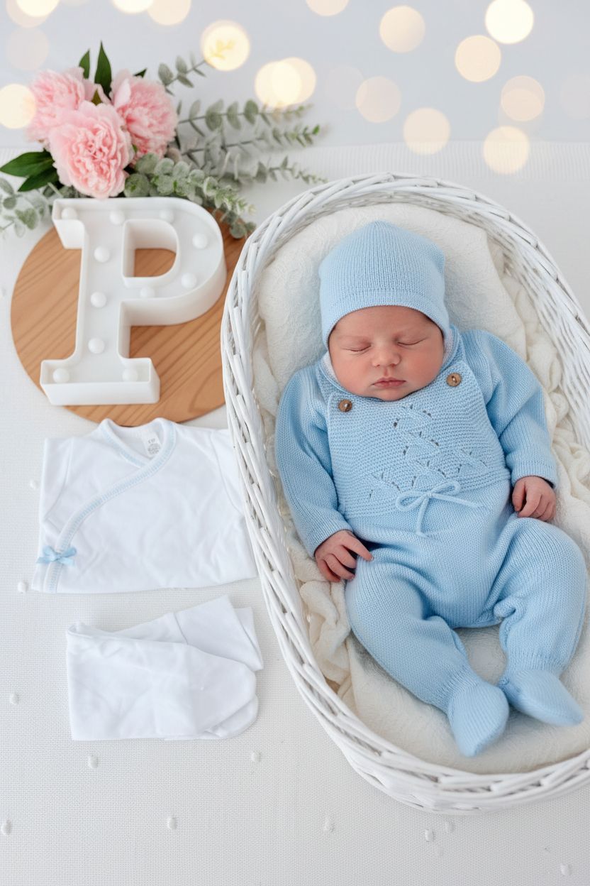Pack saída de maternidade Azul 5 peças: body, calças, jardineiras, camisola e gorro