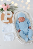 Pack saída de maternidade Azul 5 peças: body, calças, jardineiras, camisola e gorro