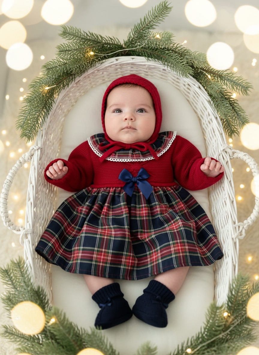 Vestido e touca em malha e xadrez azul marinho