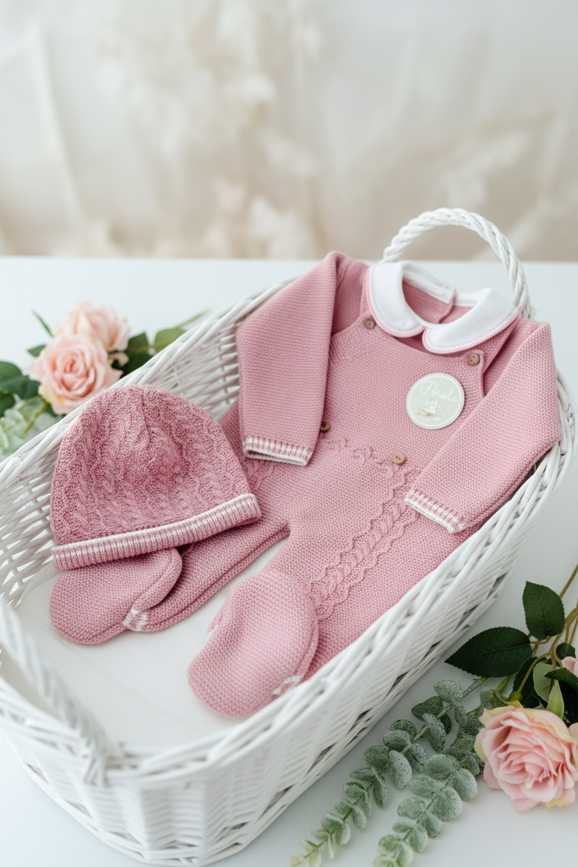 Conjunto rosa velho  : jardineiras, camisola e gorro malha quentinha