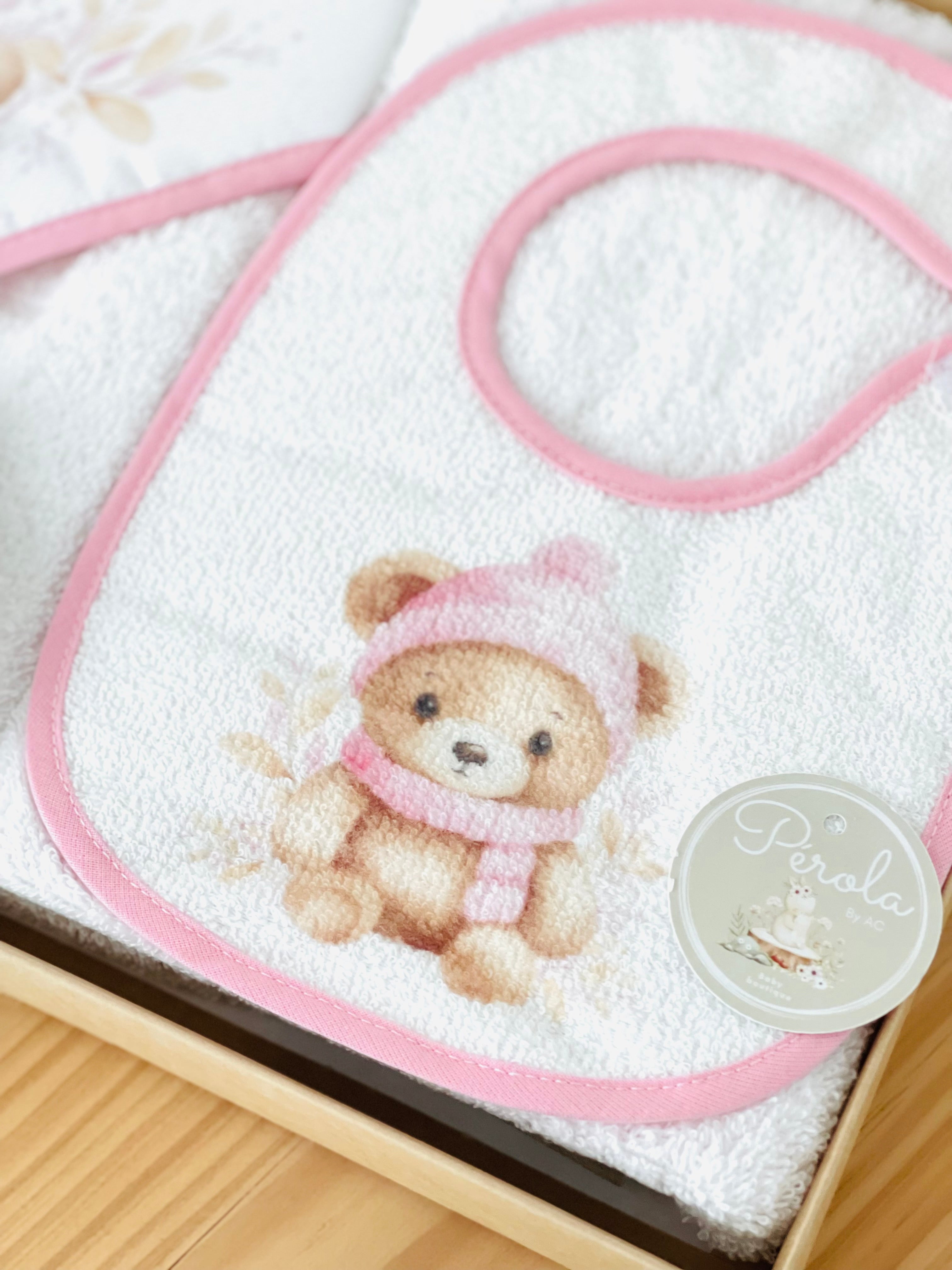 Pack ursinho: toalha de banho, luvas e babete impermeável