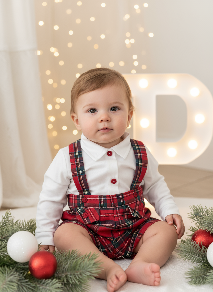 Conjunto Menino Tartan Vermelho e Azul - Calções com Alças e Camisa